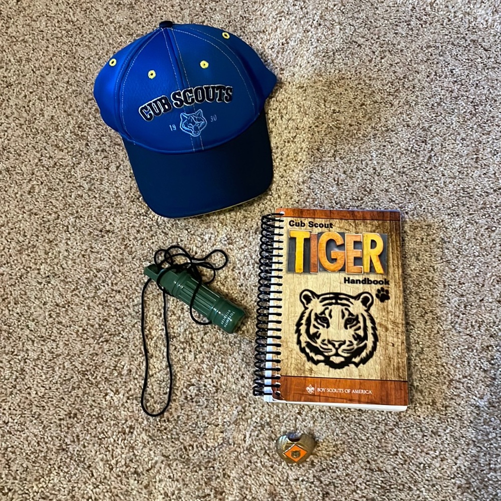 Cub Scout tiger lot- hat, Cub Scout tiger handbook, tiger scarf tie, whistle